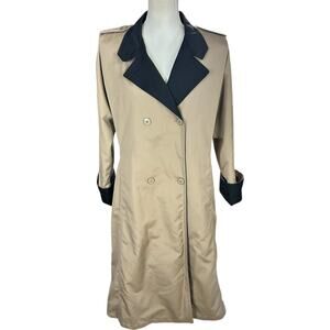 Misty Harbor Trench Coat Women Petite Size 12 Tan Black Lined Vintage Raincoat